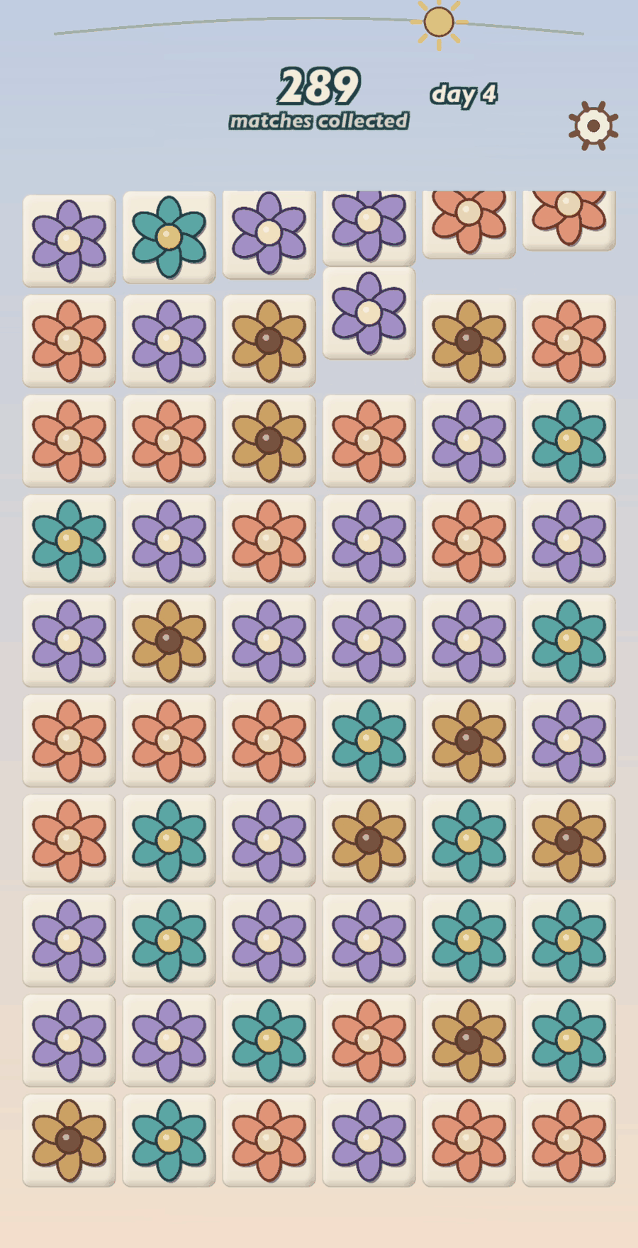 A full board of flower pieces mid-cascade, with the sun partway across the top of the screen. The only numbers on screen read 289 matches collected, day 4.