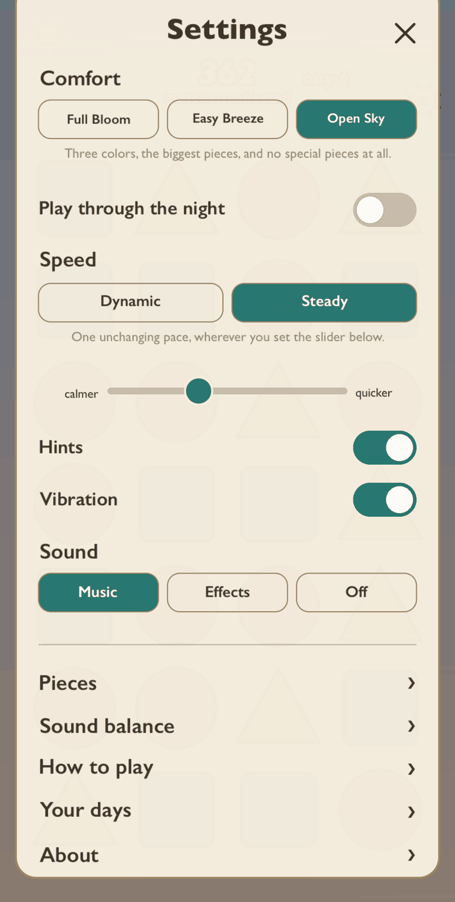 The settings screen. Comfort offers three choices — Full Bloom, Easy Breeze, and Open Sky — with Open Sky selected. Below it are toggles for playing through the night, speed, hints, vibration, and sound.