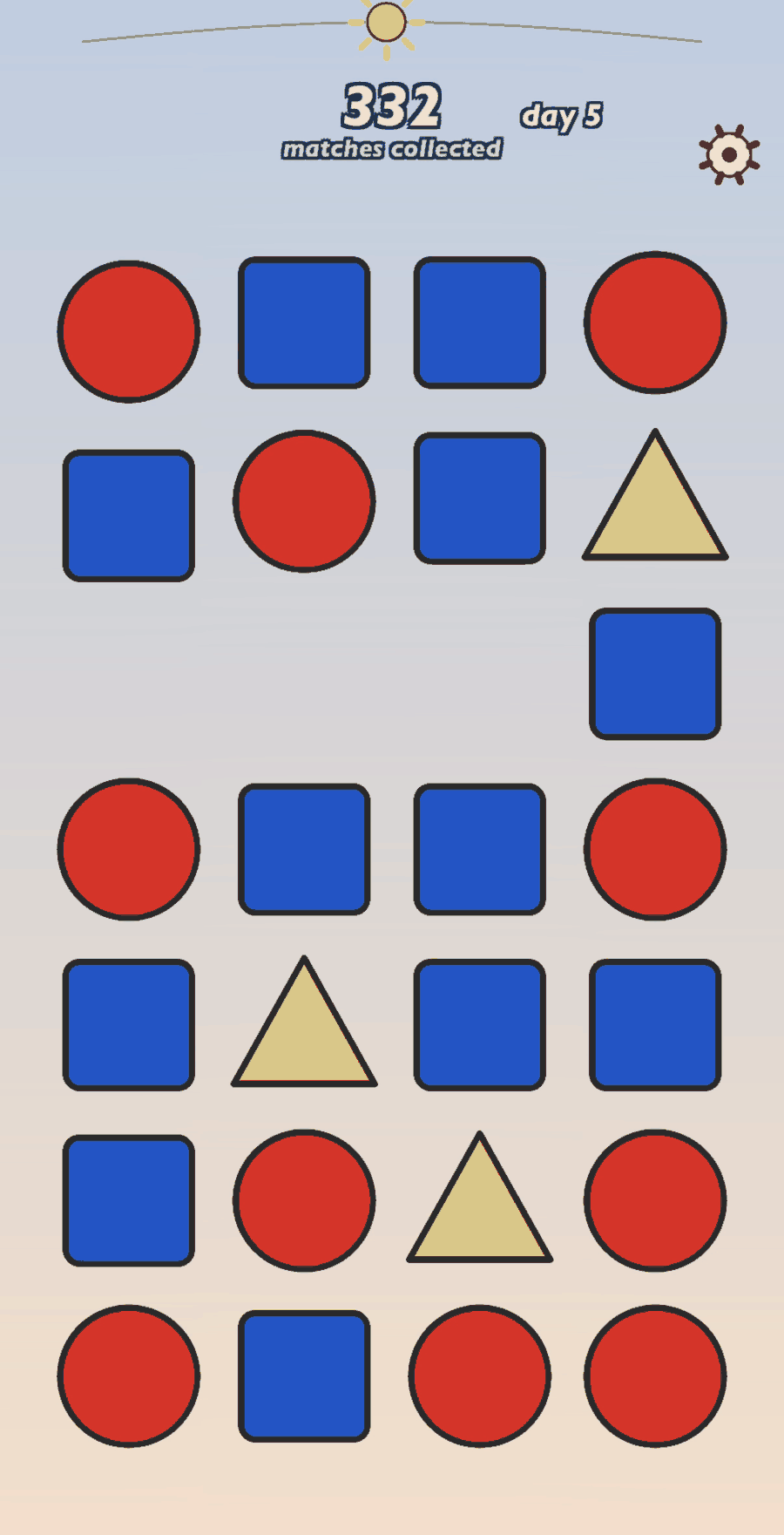 The same game on Open Sky: large red circles, blue squares, and yellow triangles on a four-wide board, each shape outlined in heavy black.